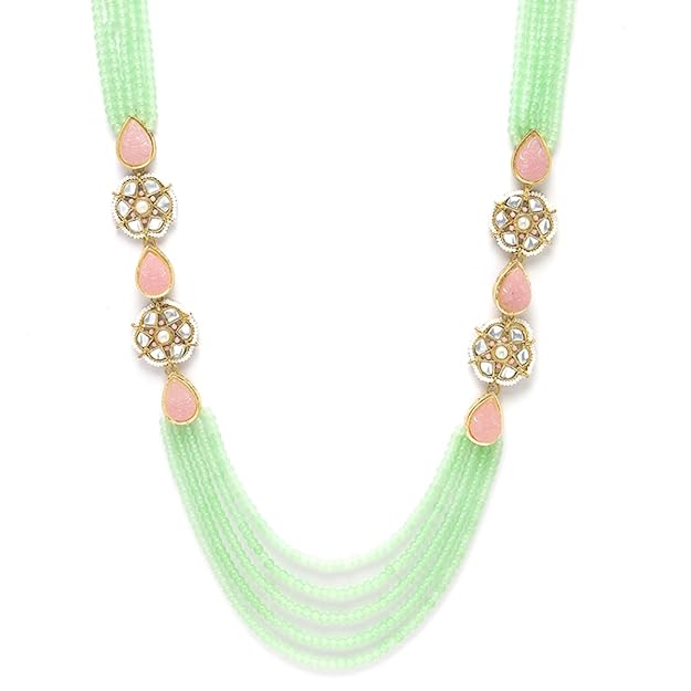 Karatcart Pearl Beaded Light Green Carved Stone Kundan Rani Haar Necklace Set for Women