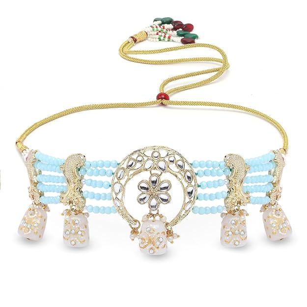 Karatcart White Designer Tumble Light Blue Crystal Beaded Kundan Choker Necklace Set