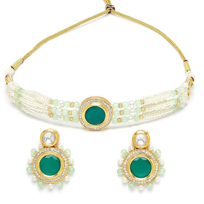 Karatcart Lime Green Beads and Pearl Beaded Green Polki Kundan Choker Necklace Set