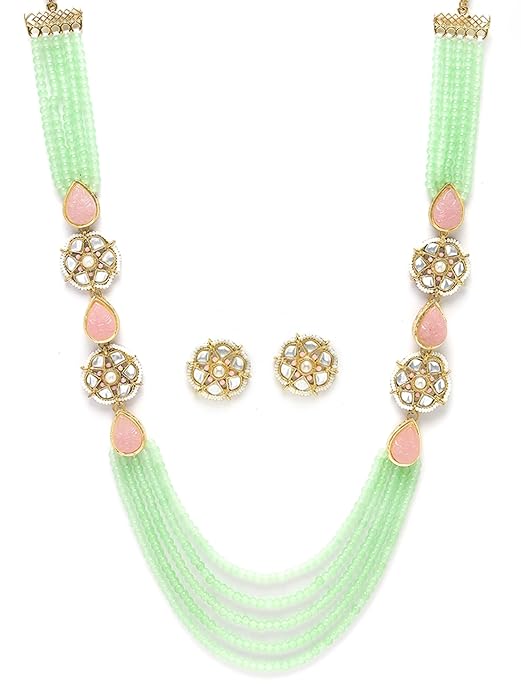 Karatcart Pearl Beaded Light Green Carved Stone Kundan Rani Haar Necklace Set for Women