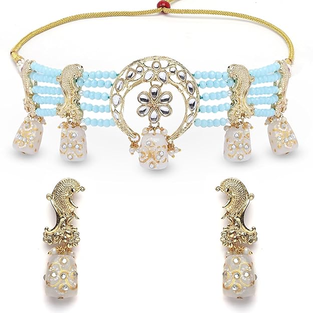 Karatcart White Designer Tumble Light Blue Crystal Beaded Kundan Choker Necklace Set