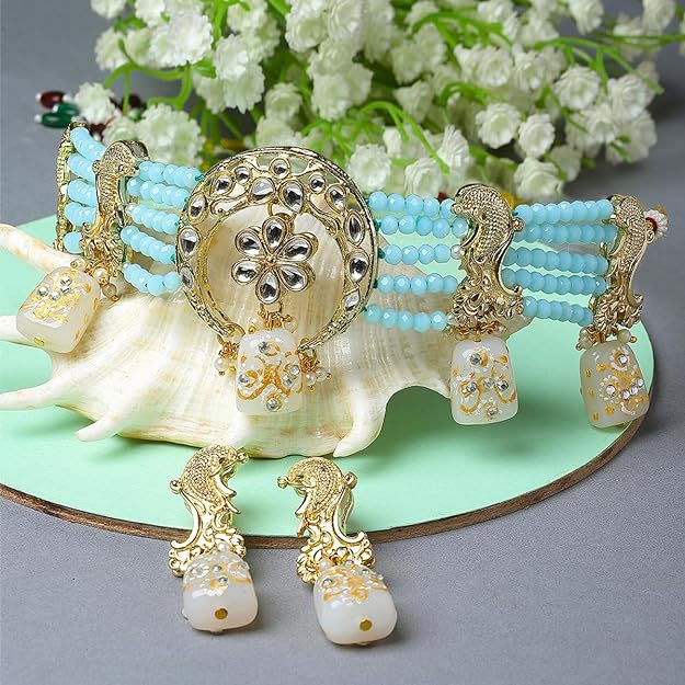 Karatcart White Designer Tumble Light Blue Crystal Beaded Kundan Choker Necklace Set