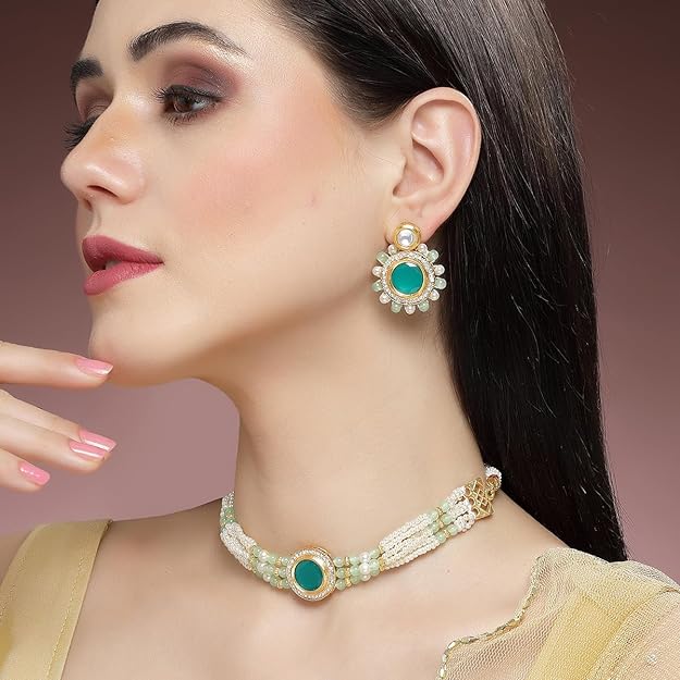Karatcart Lime Green Beads and Pearl Beaded Green Polki Kundan Choker Necklace Set