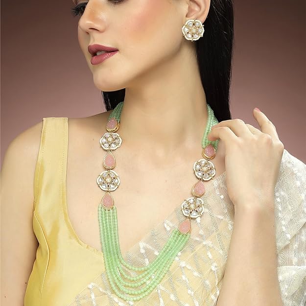 Karatcart Pearl Beaded Light Green Carved Stone Kundan Rani Haar Necklace Set for Women
