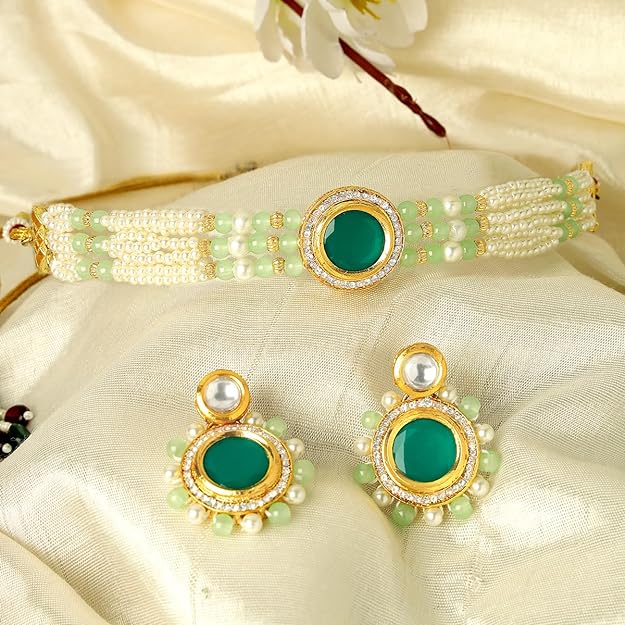 Karatcart Lime Green Beads and Pearl Beaded Green Polki Kundan Choker Necklace Set