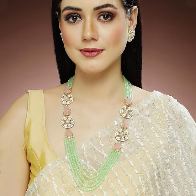 Karatcart Pearl Beaded Light Green Carved Stone Kundan Rani Haar Necklace Set for Women