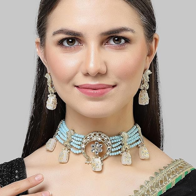 Karatcart White Designer Tumble Light Blue Crystal Beaded Kundan Choker Necklace Set