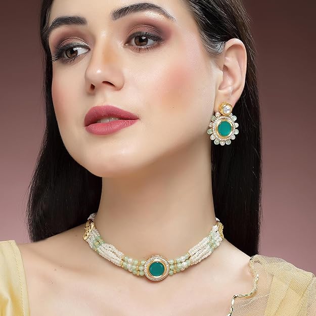 Karatcart Lime Green Beads and Pearl Beaded Green Polki Kundan Choker Necklace Set