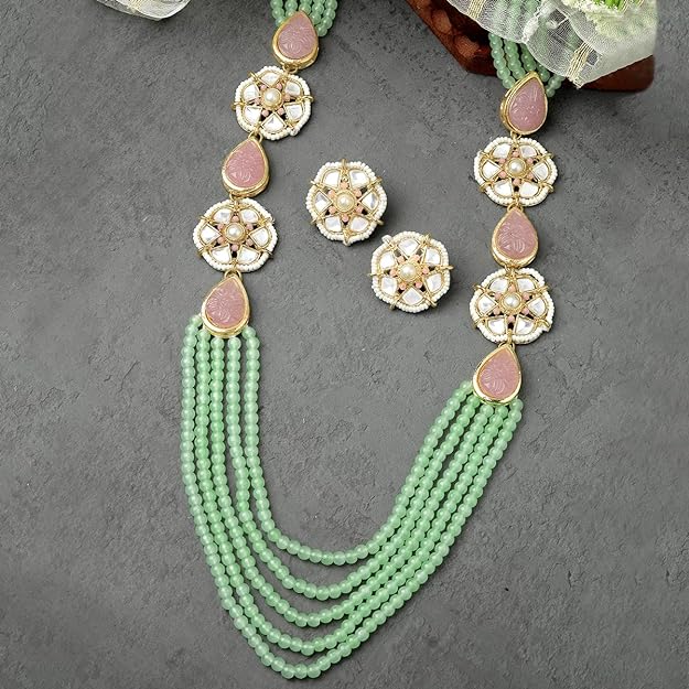 Karatcart Pearl Beaded Light Green Carved Stone Kundan Rani Haar Necklace Set for Women