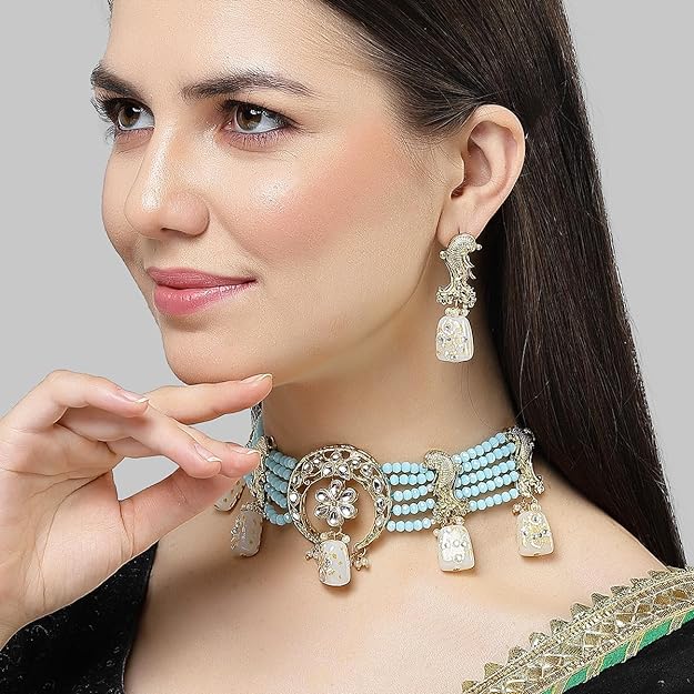Karatcart White Designer Tumble Light Blue Crystal Beaded Kundan Choker Necklace Set