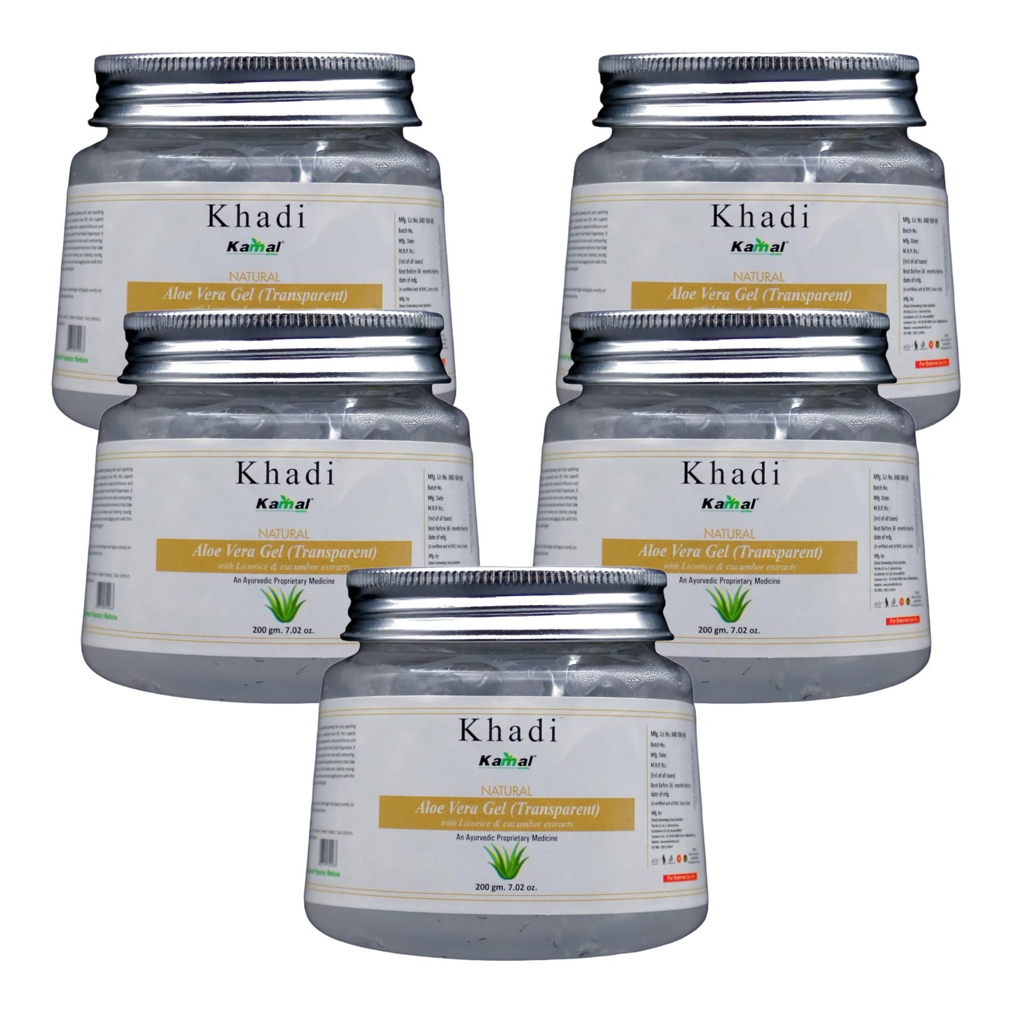 Khadi Kamal Herbal 100 Pure Natural & Organic Aloevera Gel For Men And Women For Face And Hair 200ml Pack of 5