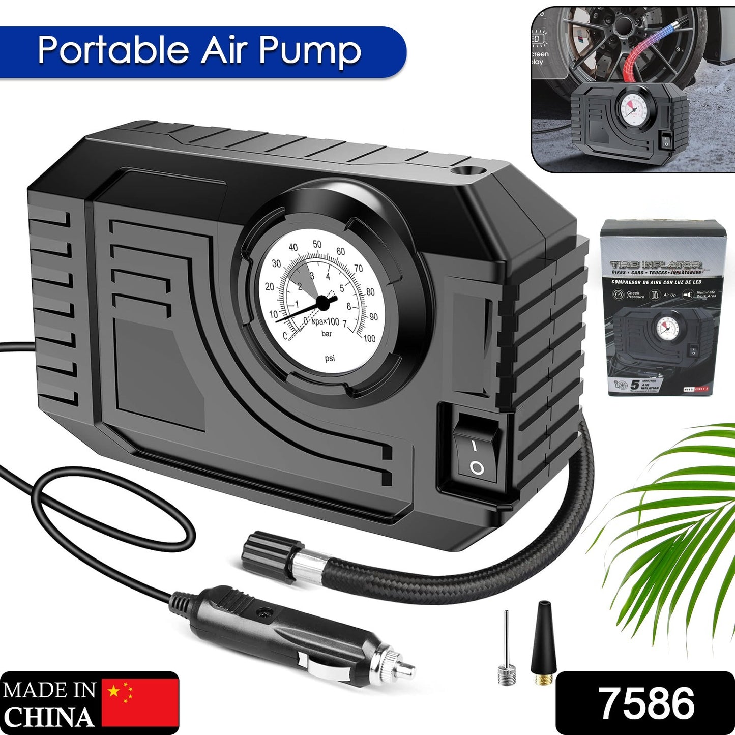 7586 Tyre Inflator Portable Air Compressor 12v Small Air Pump For Car Tyres Bicycle Balloons Cars Bike Bicycles And Other Inflatables With Led Light (12v)