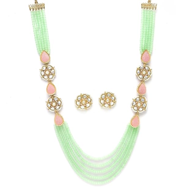 Karatcart Pearl Beaded Light Green Carved Stone Kundan Rani Haar Necklace Set for Women