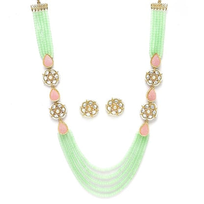 Karatcart Pearl Beaded Light Green Carved Stone Kundan Rani Haar Necklace Set for Women