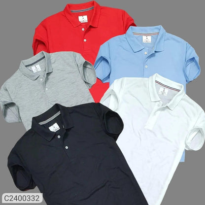 Plain Matty Solid Half Sleeves Mens Polo neck T-Shirt Pack Of 5