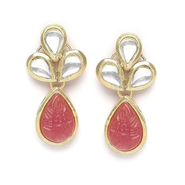 Karatcart Gold Plated Pink Drop Shape Carved Stone and Kundan Studded Necklace Set