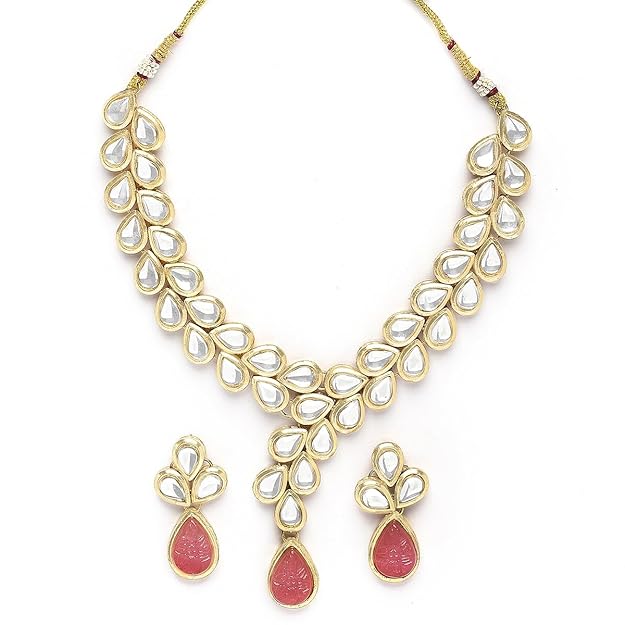 Karatcart Gold Plated Pink Drop Shape Carved Stone and Kundan Studded Necklace Set