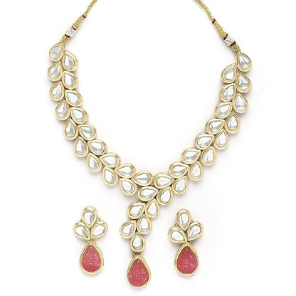 Karatcart Gold Plated Pink Drop Shape Carved Stone and Kundan Studded Necklace Set