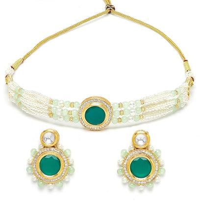 Karatcart Lime Green Beads and Pearl Beaded Green Polki Kundan Choker Necklace Set