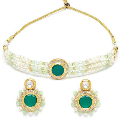 Karatcart Lime Green Beads and Pearl Beaded Green Polki Kundan Choker Necklace Set