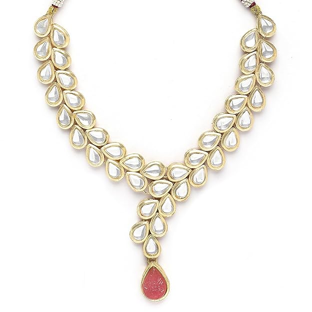 Karatcart Gold Plated Pink Drop Shape Carved Stone and Kundan Studded Necklace Set