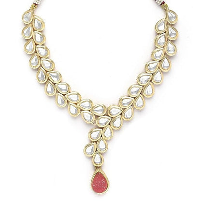 Karatcart Gold Plated Pink Drop Shape Carved Stone and Kundan Studded Necklace Set