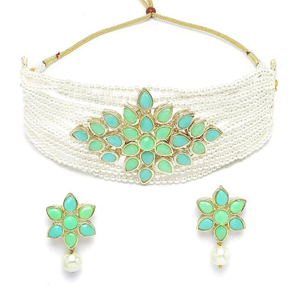Karatcart Gold Plated Pearl Beaded Light Blue and Light Green Kundan Stone Choker Necklace Set