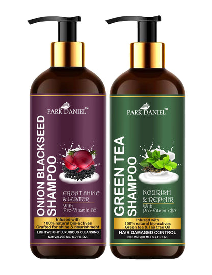 Park Daniel Premium Pure and Natural Onion Blackseed Shampoo & Green Tea Shampoo Combo Pack Of 2 bottle of 200 ml(400 ml)