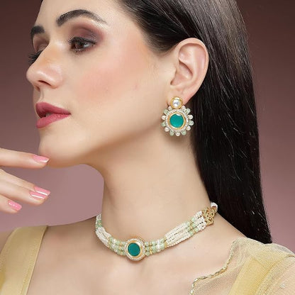 Karatcart Lime Green Beads and Pearl Beaded Green Polki Kundan Choker Necklace Set