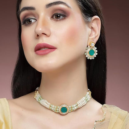 Karatcart Lime Green Beads and Pearl Beaded Green Polki Kundan Choker Necklace Set