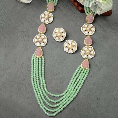 Karatcart Pearl Beaded Light Green Carved Stone Kundan Rani Haar Necklace Set for Women